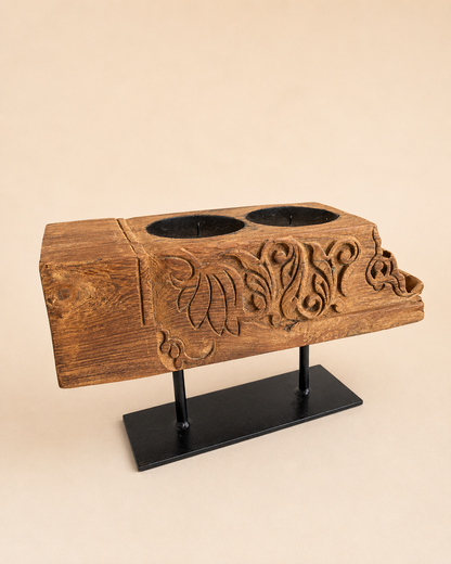 Vintage Hand-Carved Teak Wood Dual Candle Stand / Plant Holder / Statue Holder