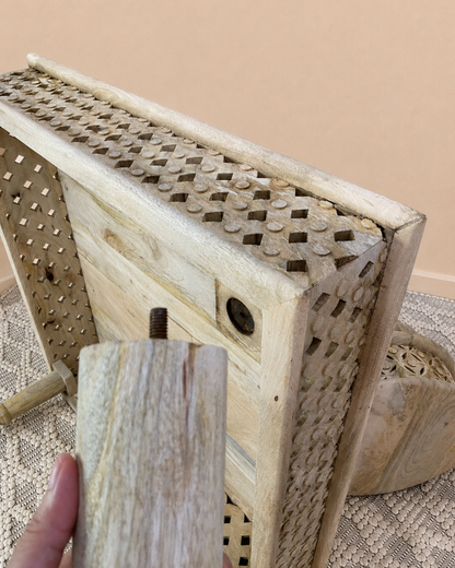 Carved Mango Wood Coffee Table Set with Stools