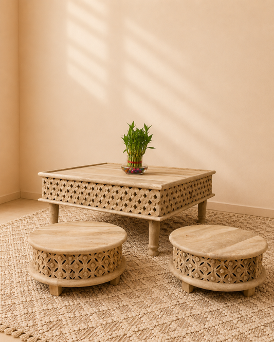 Carved Mango Wood Coffee Table Set with Stools