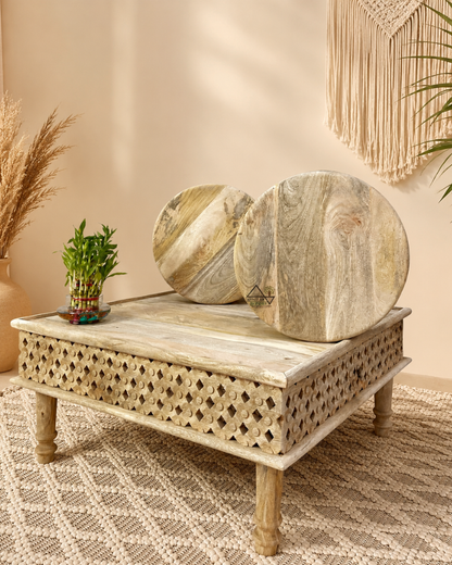 Carved Mango Wood Coffee Table Set with Stools