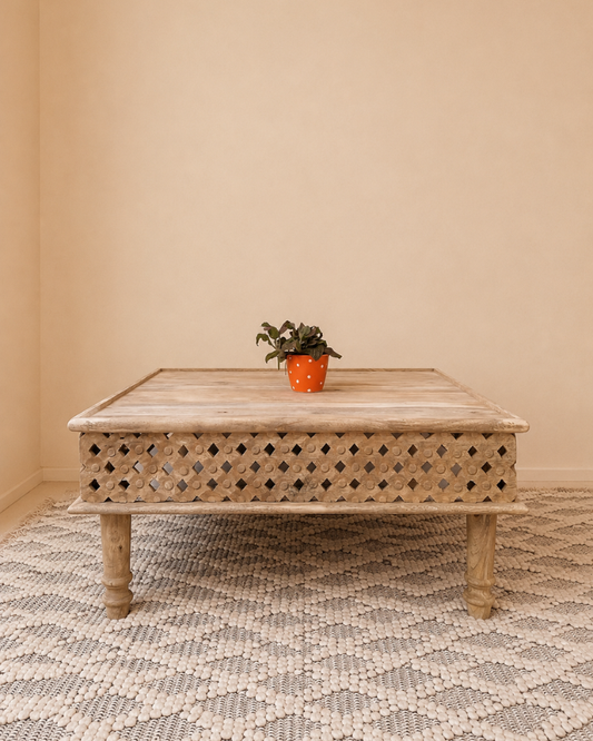 Carved Mango Wood Coffee Table Set with Stools