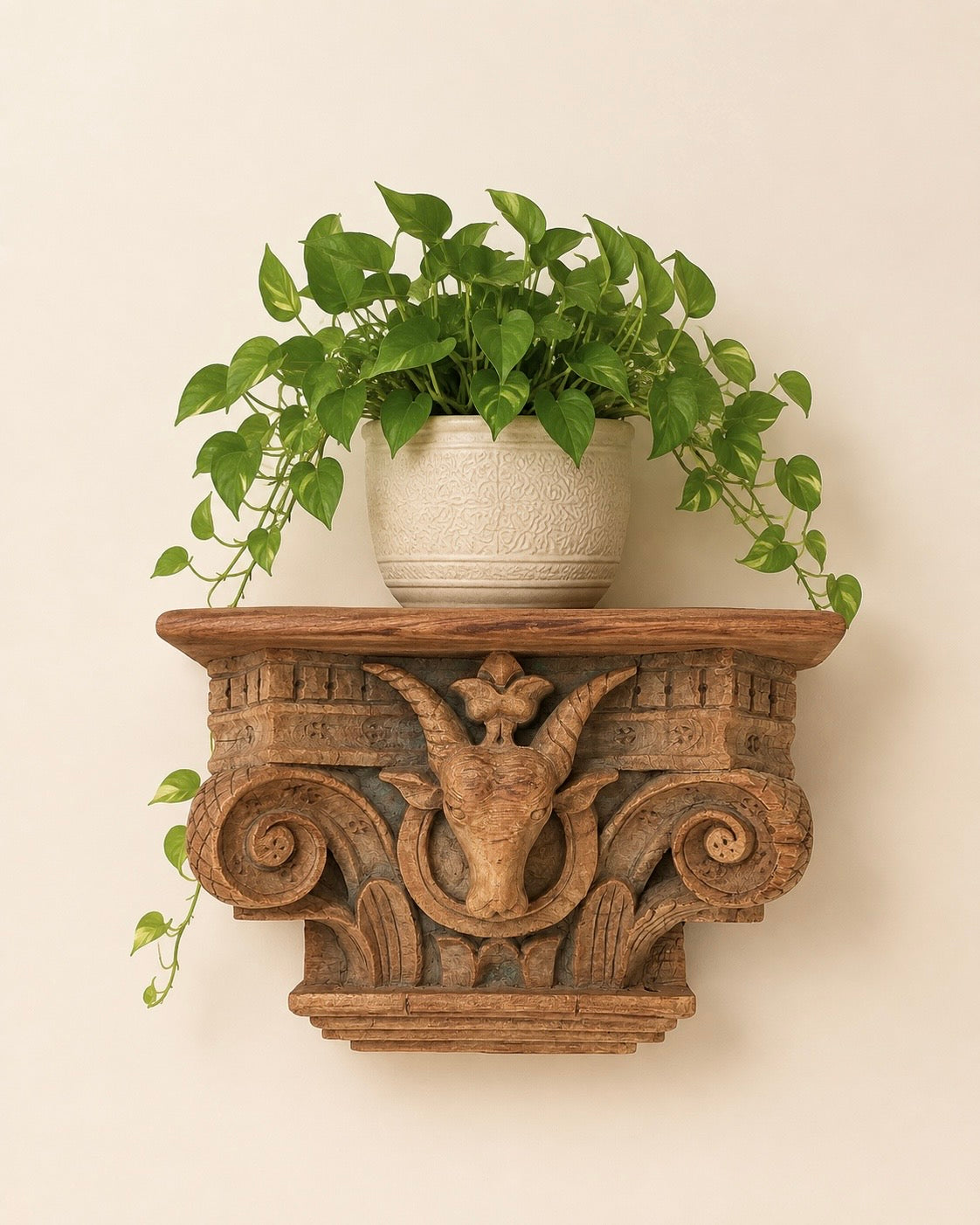 vintage artisan carved wooden wall shelf