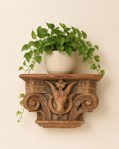 Vintage Artisan Carved Wooden Wall Shelf