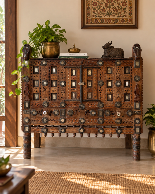 Old Gujarat Kutch Wooden Damchiya with Mirror Inlay with Traditional Chor Khana / Secret Storage