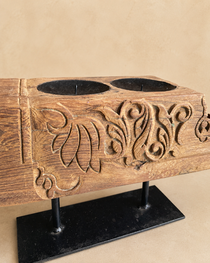 Vintage Hand-Carved Teak Wood Dual Candle Stand / Plant Holder / Statue Holder