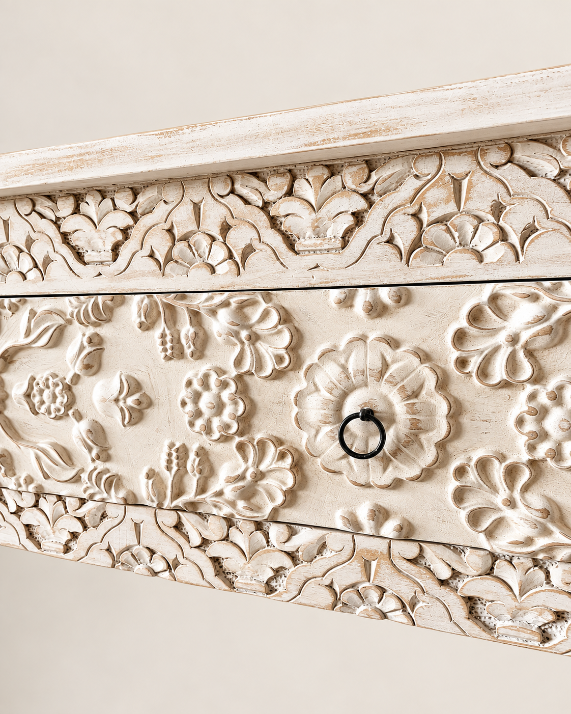white hand-carved floral wooden console table with drawer