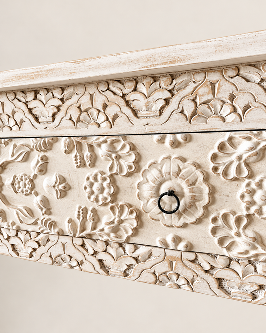 White Hand-Carved Floral Wooden Console Table with Drawer