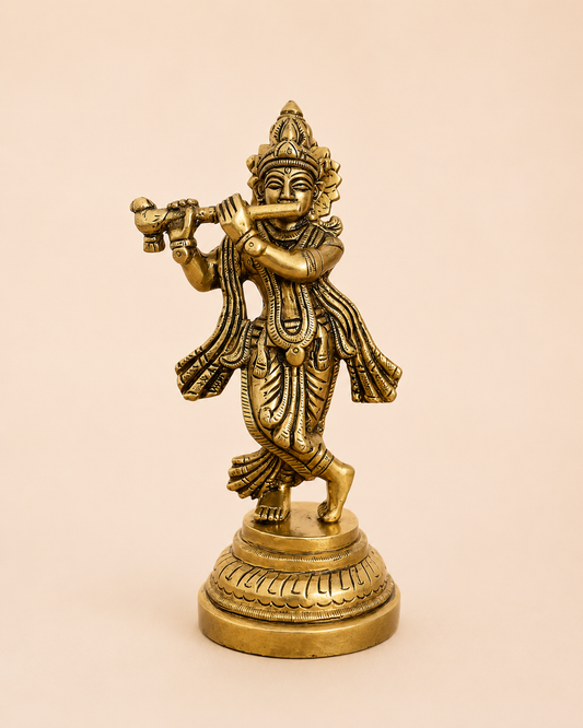Vintage Wooden Carved Base with Brass Krishna Idol / Complete Set