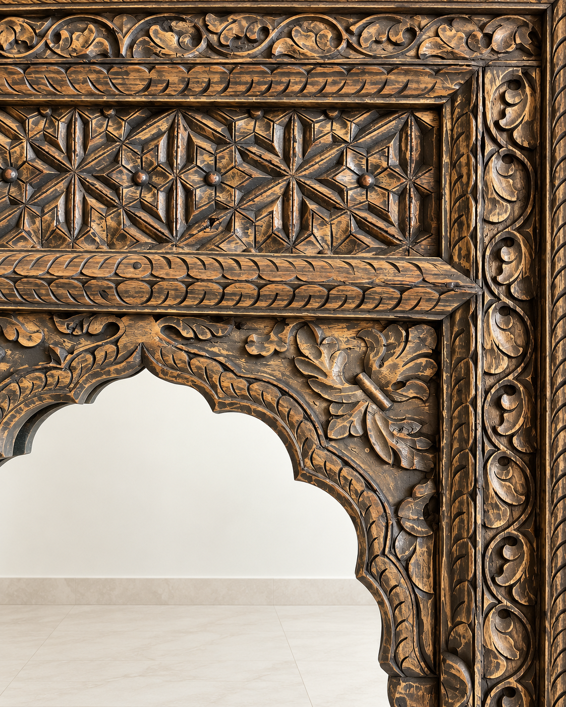 vintage hand-carved wooden mirror frame – charcoal & antique gold finish