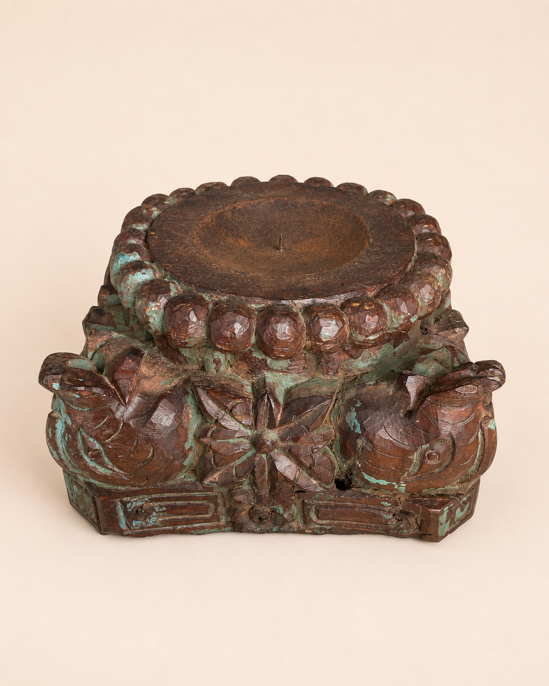 vintage distressed green hand-carved pillar base plant, statue & candle stand