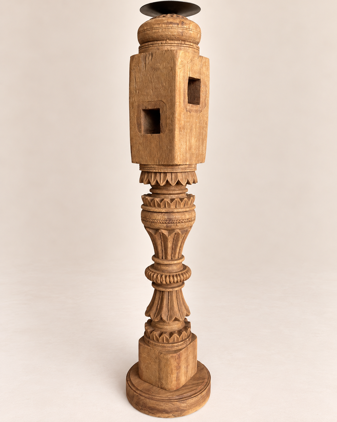 vintage carved wooden charpai leg candle stand / statue holder / plant holder - natural finish