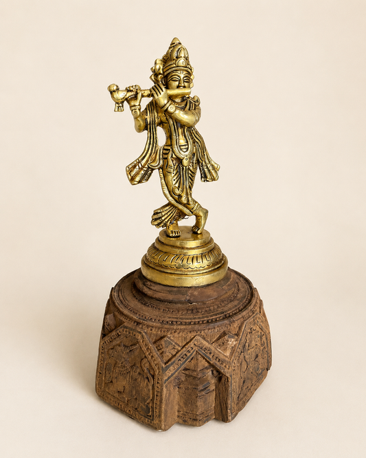 Vintage Wooden Carved Base with Brass Krishna Idol / Complete Set