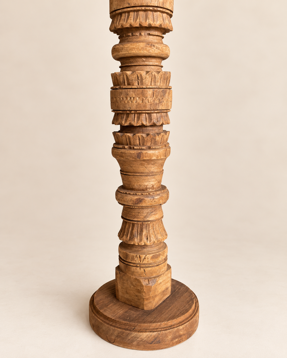 vintage hand-carved wooden charpai leg candle stand – natural wood finish