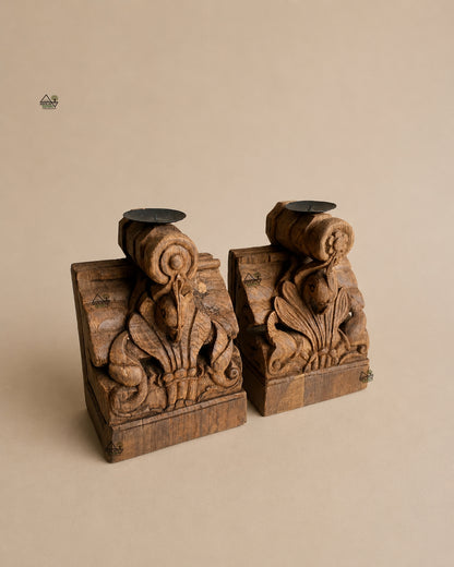 Vintage Teak Wood Parrot Candle Holders – Set of 2