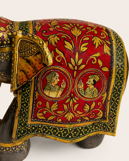 Royal Rajasthani Hand-Painted Wooden Elephant Sculpture / Raja Rani Painting Elephant