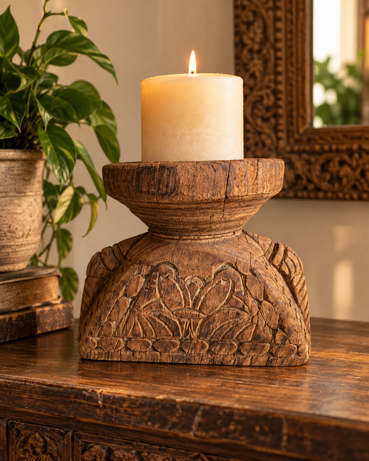 Vintage Hand-Carved Elephant & Floral Bird Wooden Stand