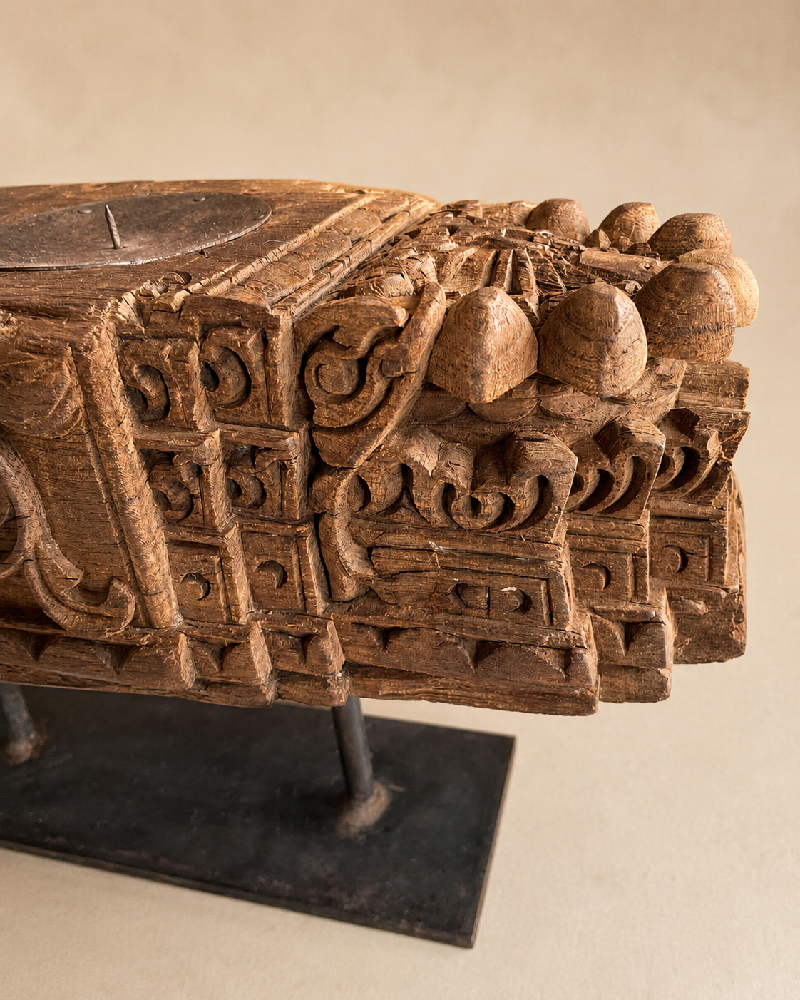vintage hand-carved teak wood double candle holder on iron stand