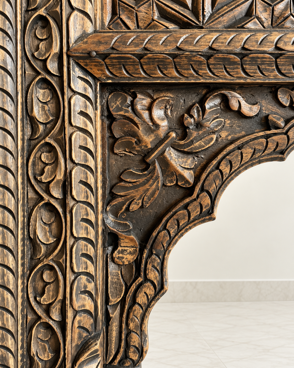 vintage hand-carved wooden mirror frame – charcoal & antique gold finish