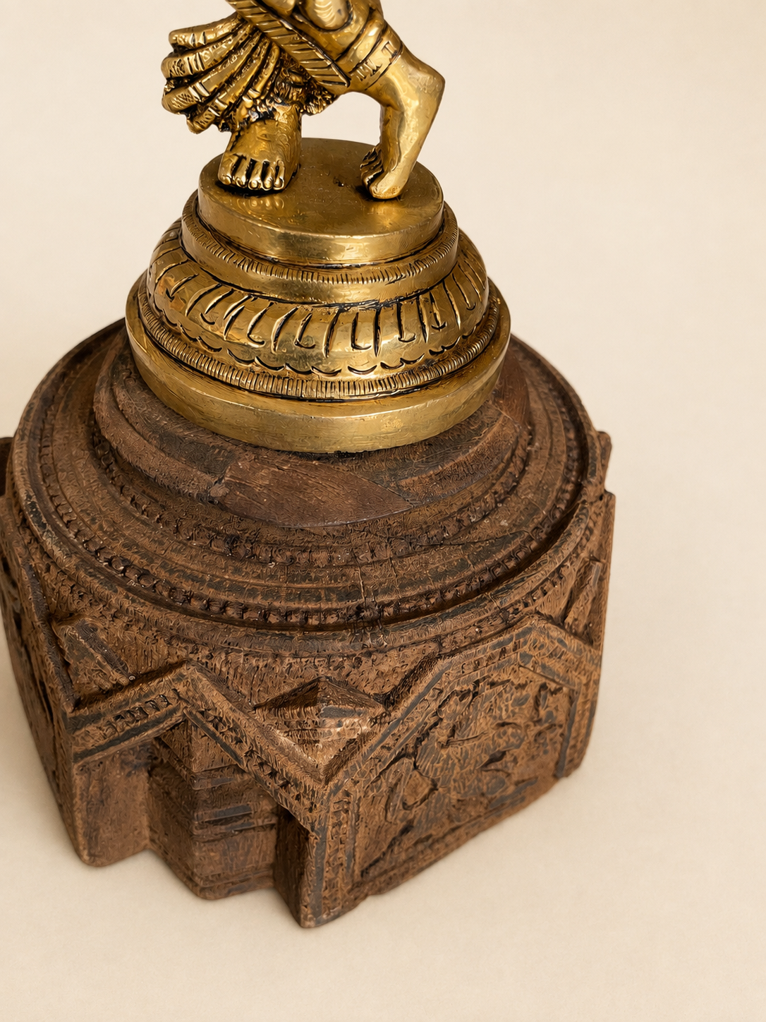 vintage wooden carved base with brass krishna idol / complete set