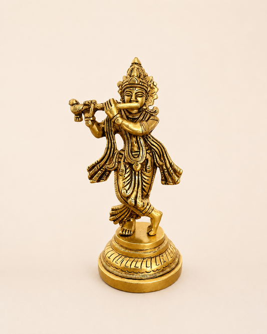 Vintage Brass Lord Krishna Playing Flute Decorative Sculpture