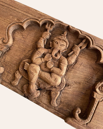 Vintage Hand-Carved Ganesh & Elephant Motif Wooden Temple Wall Panel