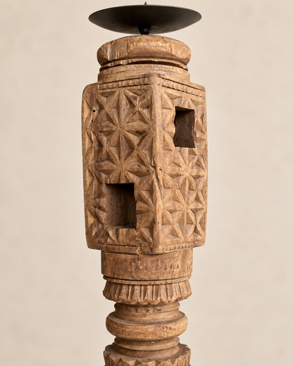 Vintage Hand-Carved Wooden Charpai Leg Candle Stand – Natural Wood Finish