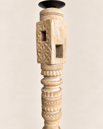 Vintage Hand-Carved Wooden Charpai Leg Candle Stand – Bleach Finish