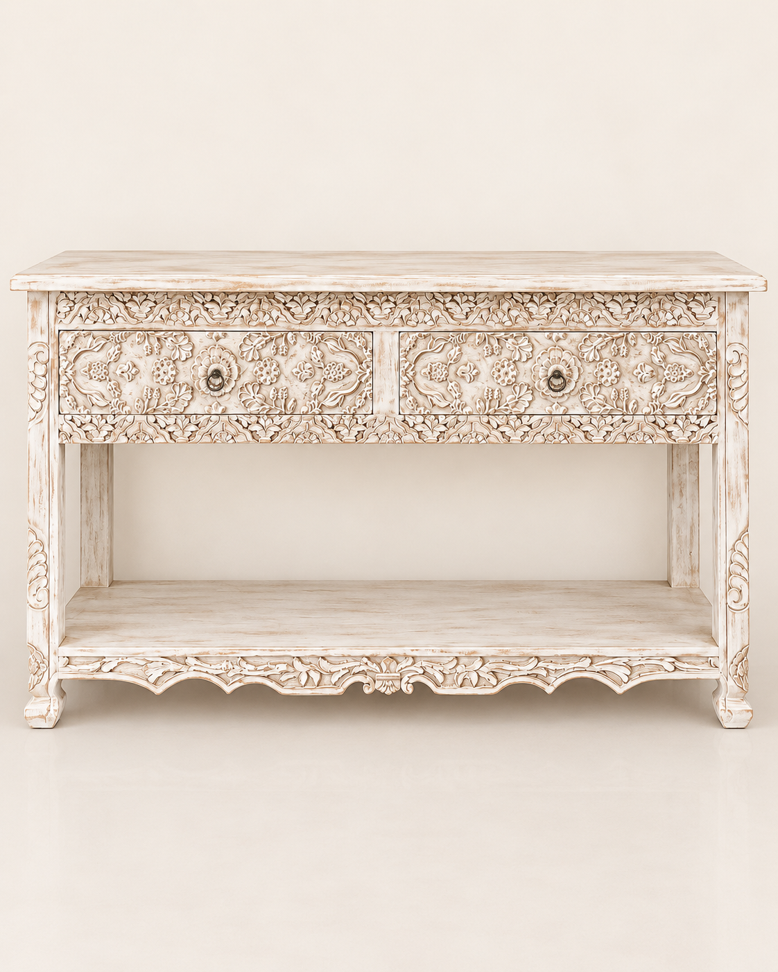 white hand-carved floral wooden console table with drawer
