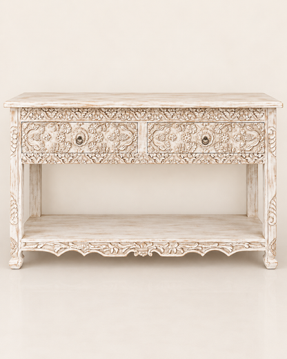 White Hand-Carved Floral Wooden Console Table with Drawer