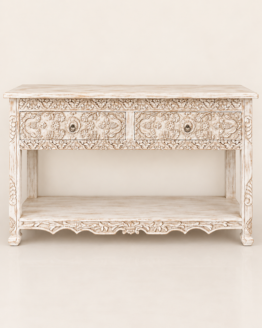 White Hand-Carved Floral Wooden Console Table with Drawer