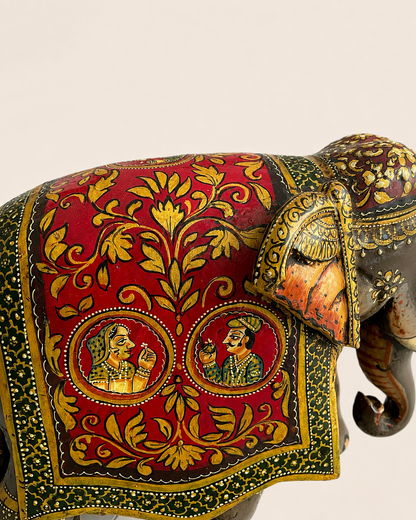 Royal Rajasthani Hand-Painted Wooden Elephant Sculpture / Raja Rani Painting Elephant