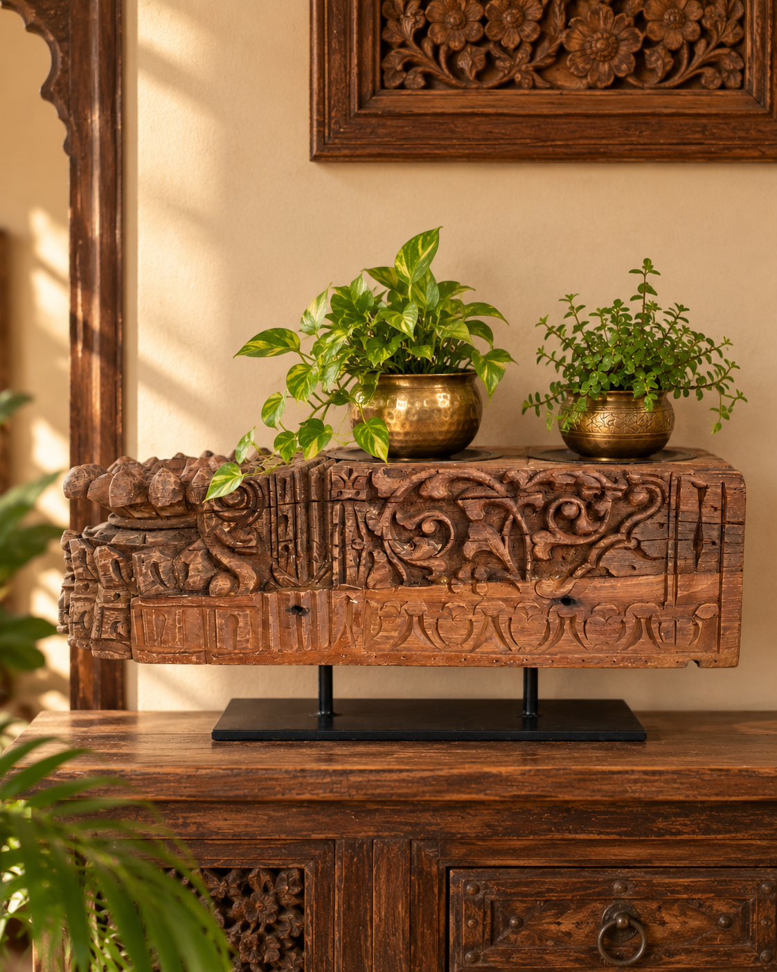 vintage hand-carved architectural holder on iron stand