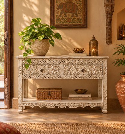 White Hand-Carved Floral Wooden Console Table with Drawer