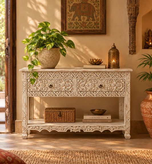 White Hand-Carved Floral Wooden Console Table with Drawer