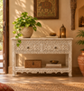White Hand-Carved Floral Wooden Console Table with Drawer