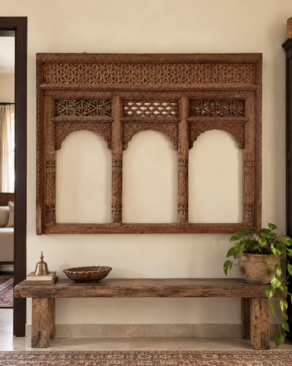 Vintage Hand-Carved Triple Arch Window / Triple Arch / Jharokha Window