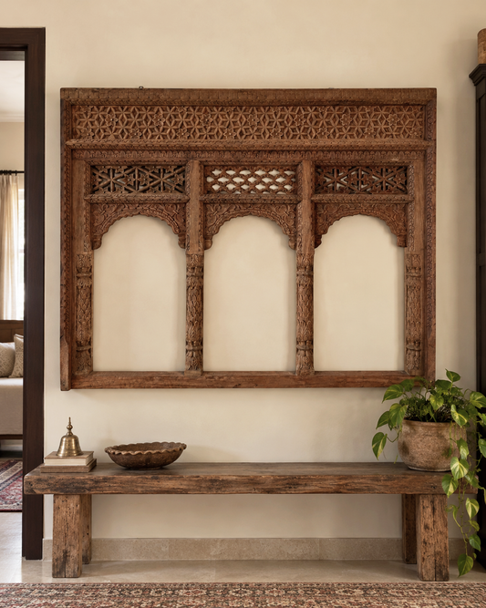 Vintage Hand-Carved Triple Arch Window / Triple Arch / Jharokha Window