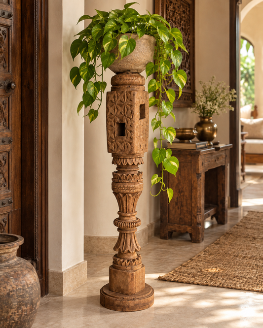 Vintage Carved Wooden Charpai Leg Candle Stand / Statue Holder / Plant Holder - Natural Finish