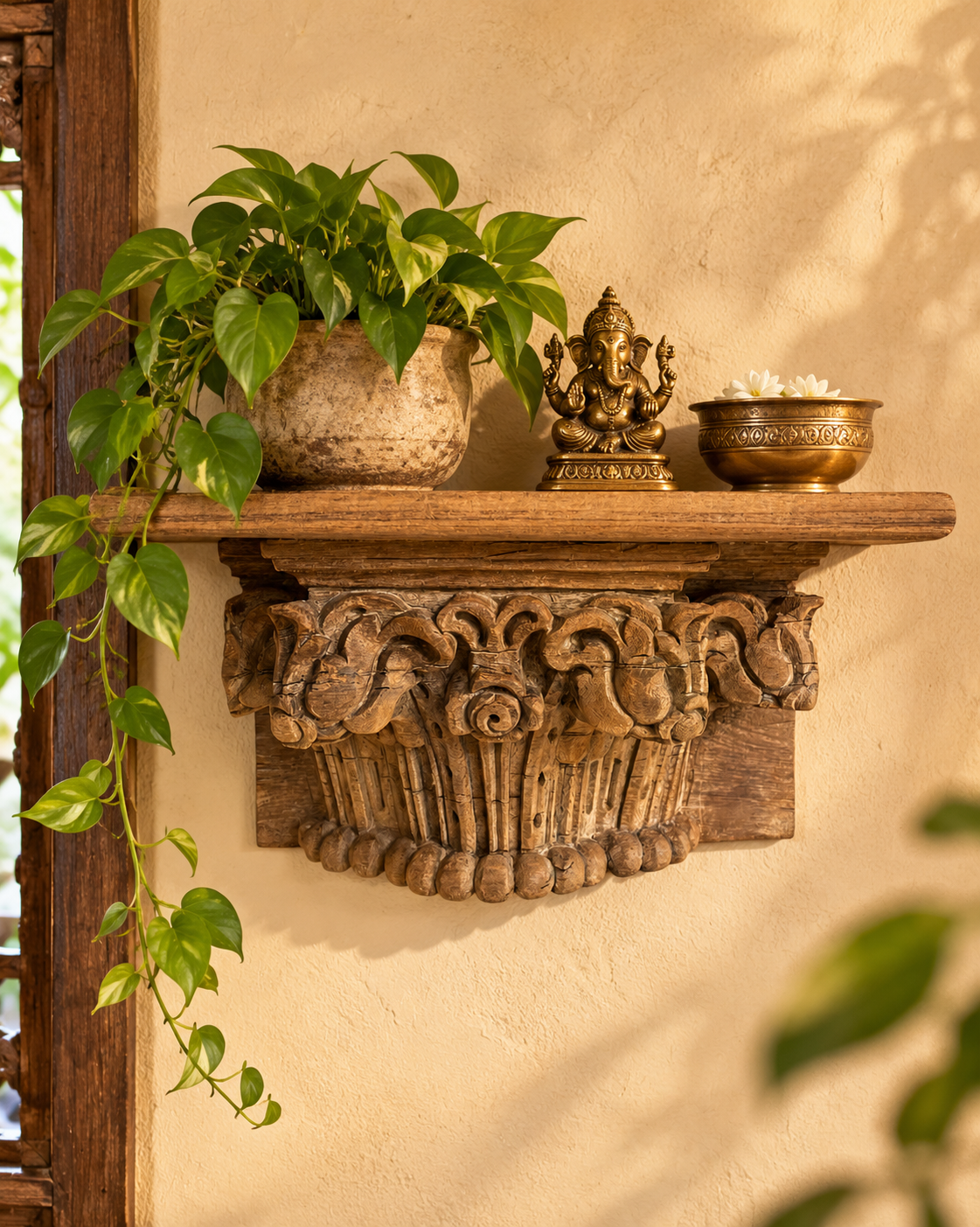 vintage hand-carved floral motif wooden wall shelf