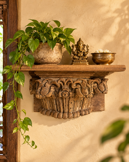 Vintage Hand-Carved Floral Motif Wooden Wall Shelf
