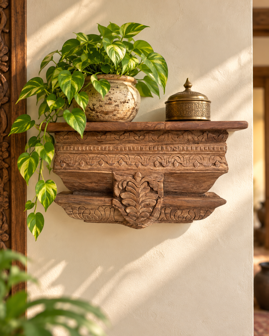 fully carved floral motif wooden corbel wall shelf