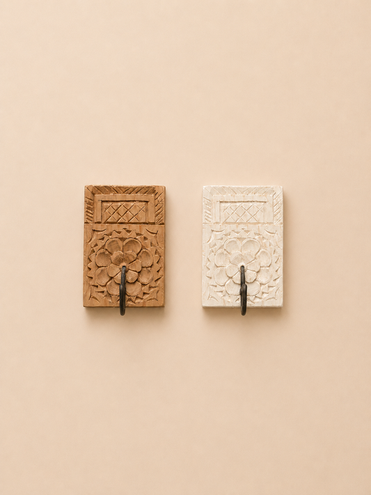 Handcrafted Floral Wooden Wall Hook Set of 2 – Natural & Bleach