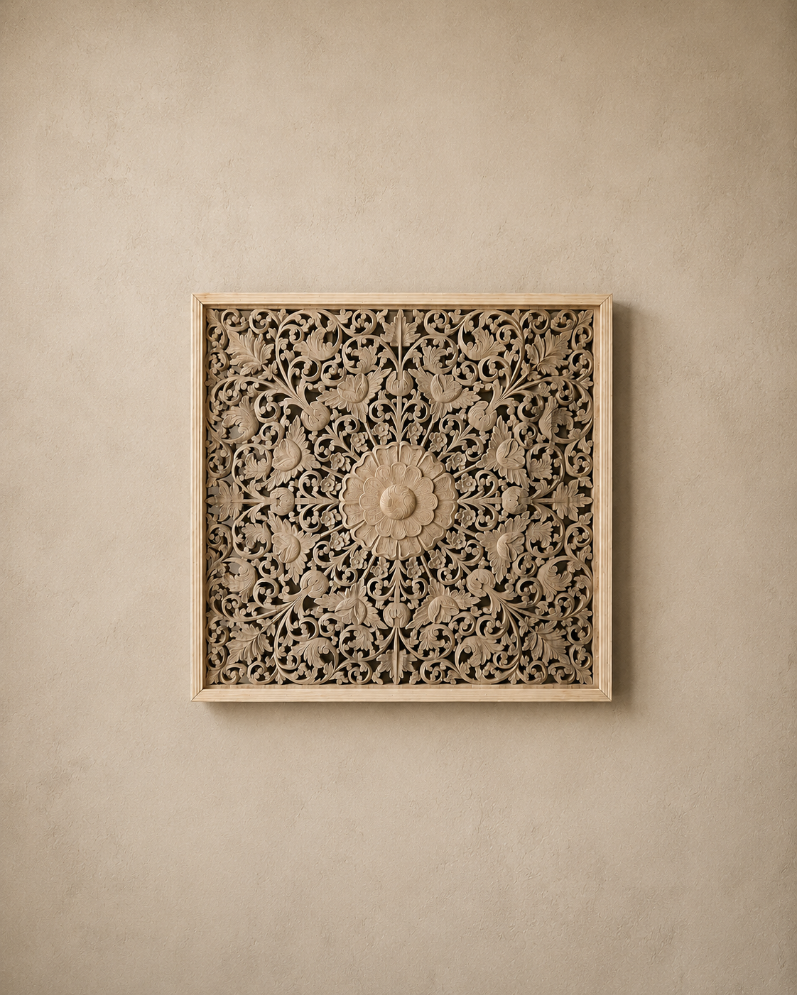 handcrafted floral medallion wall panel in solid mango wood