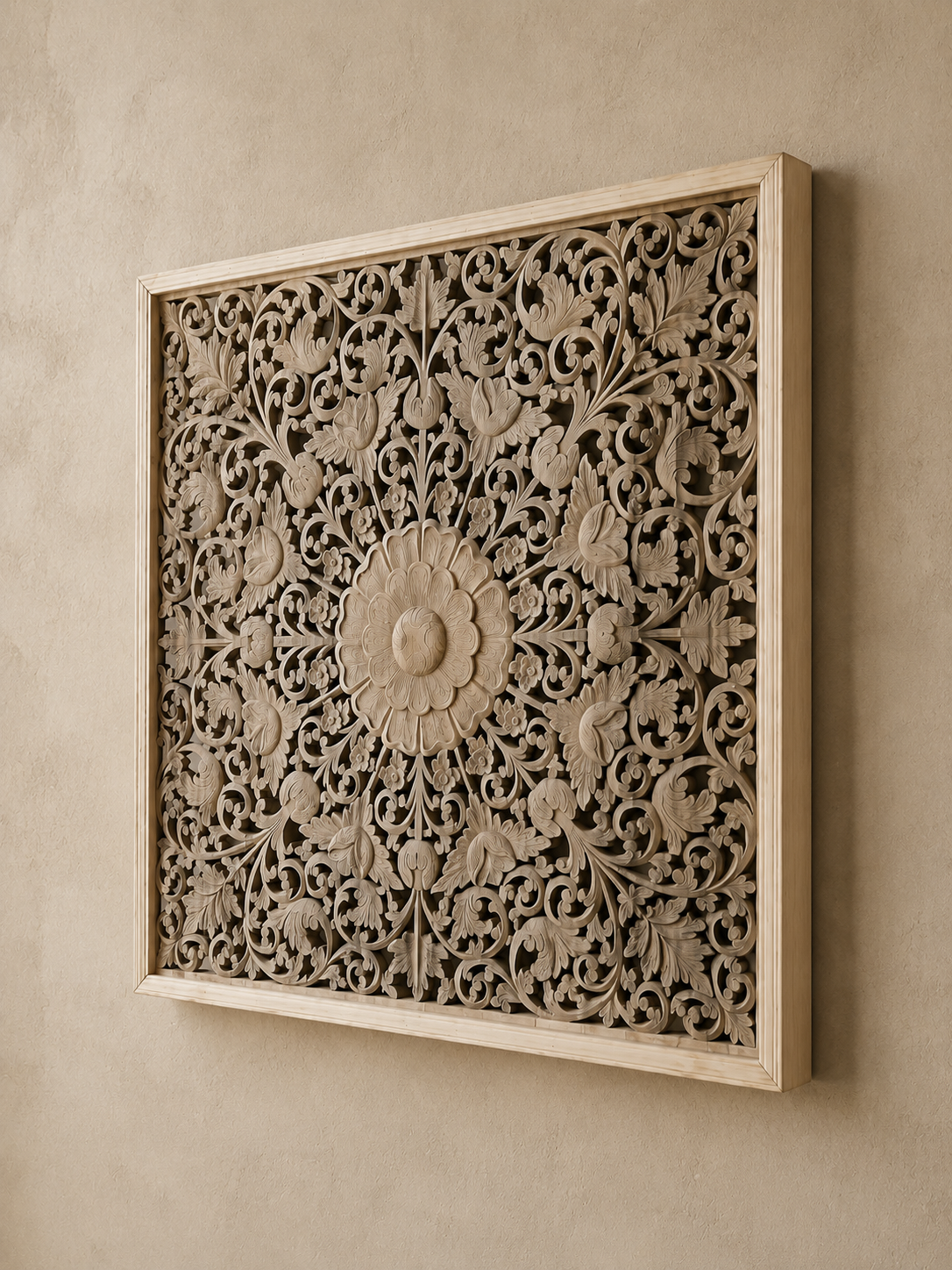 handcrafted floral medallion wall panel in solid mango wood