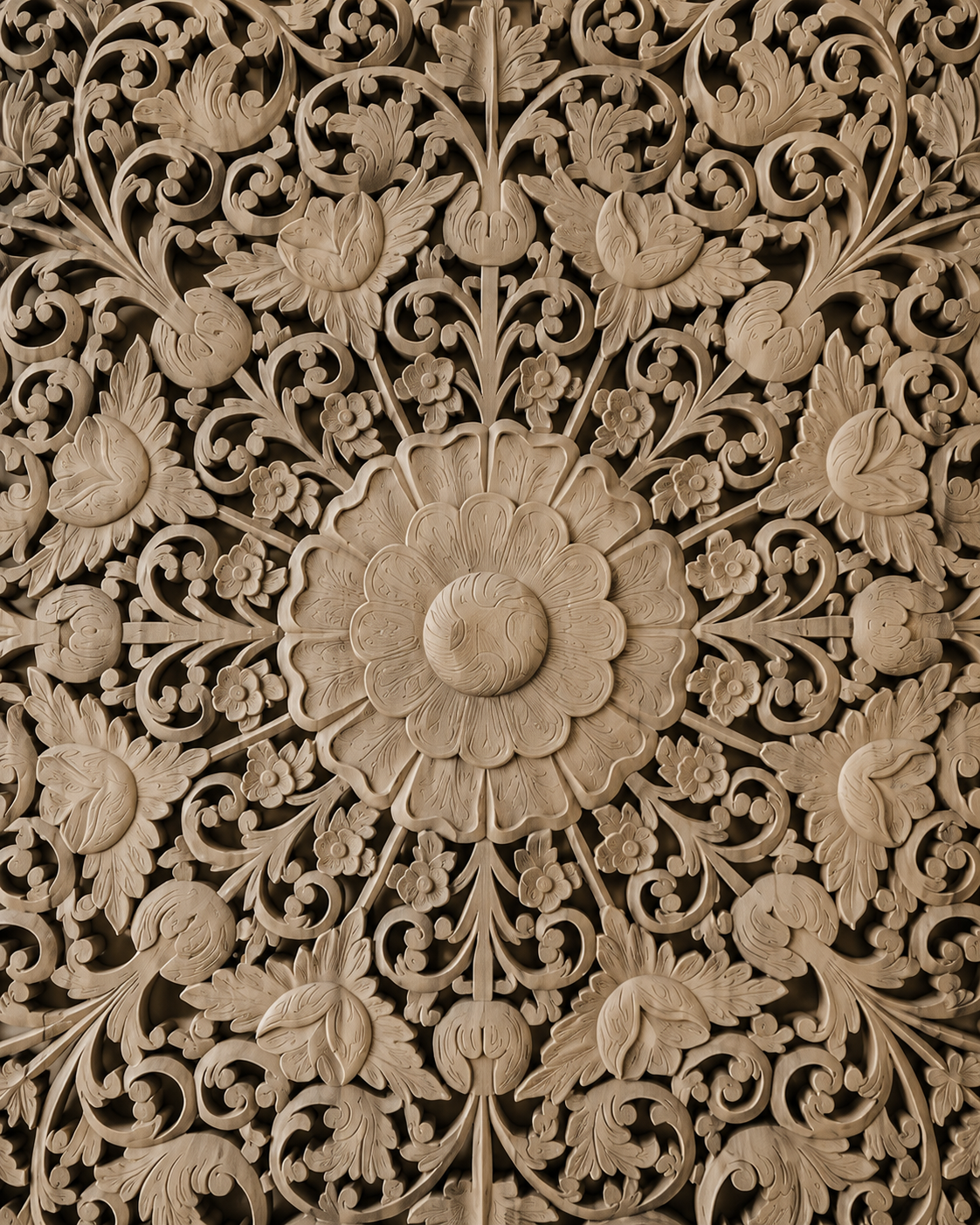 handcrafted floral medallion wall panel in solid mango wood