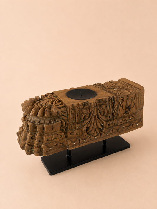 Vintage Handarved Wooden Candle Holder on Iron Stand