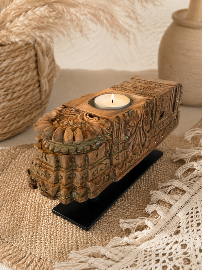Vintage Handarved Wooden Candle Holder on Iron Stand