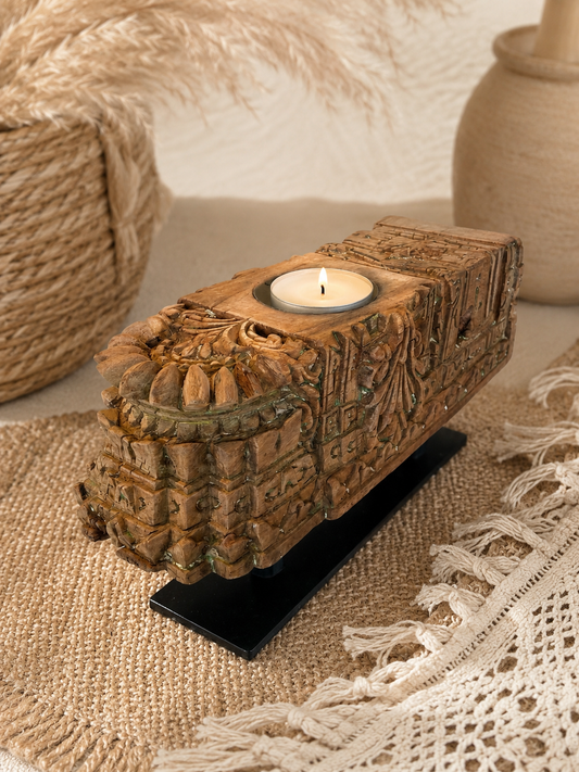 Vintage Handarved Wooden Candle Holder on Iron Stand