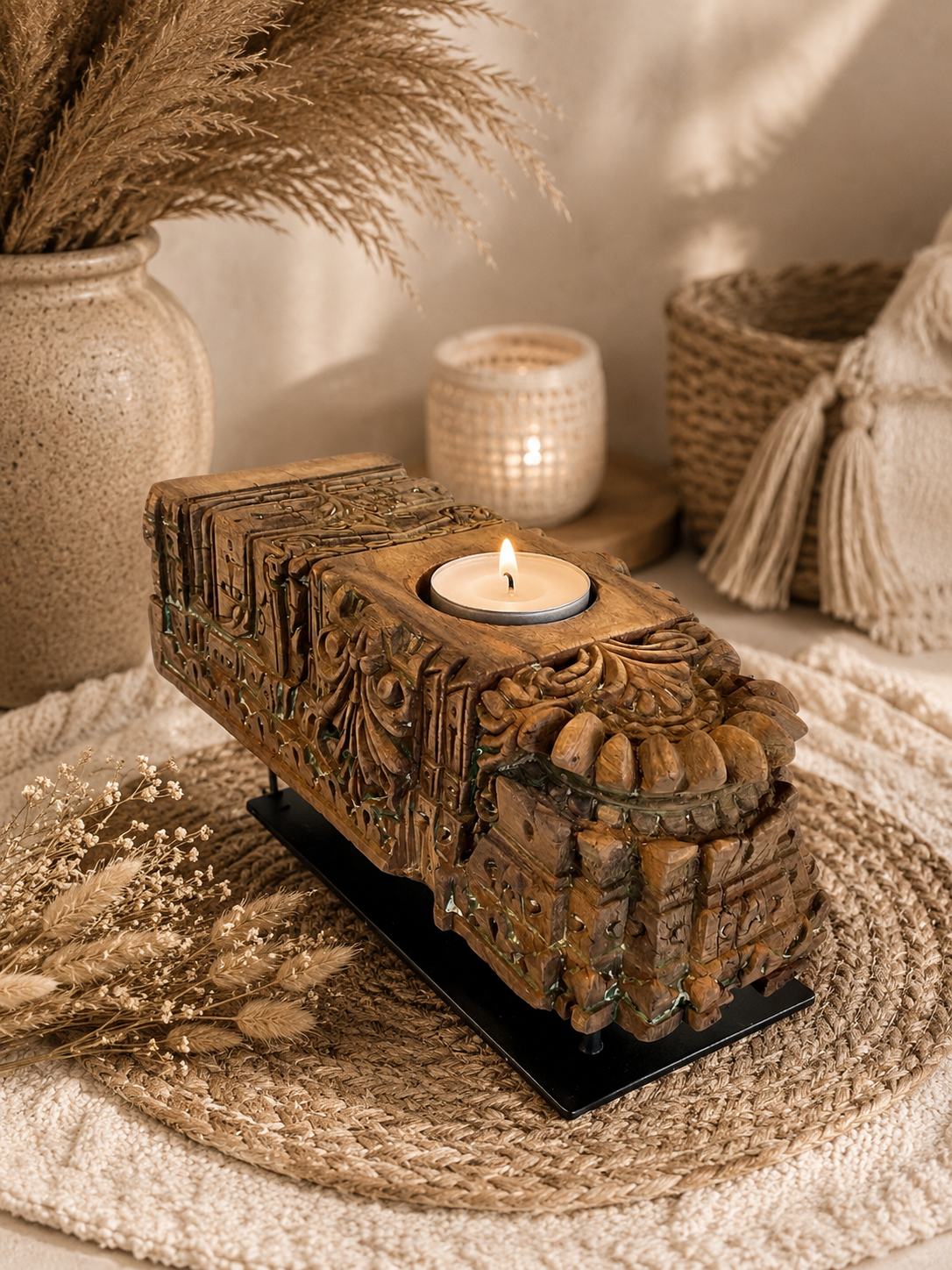 vintage handarved wooden candle holder on iron stand