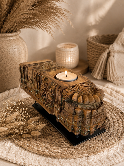 Vintage Handarved Wooden Candle Holder on Iron Stand